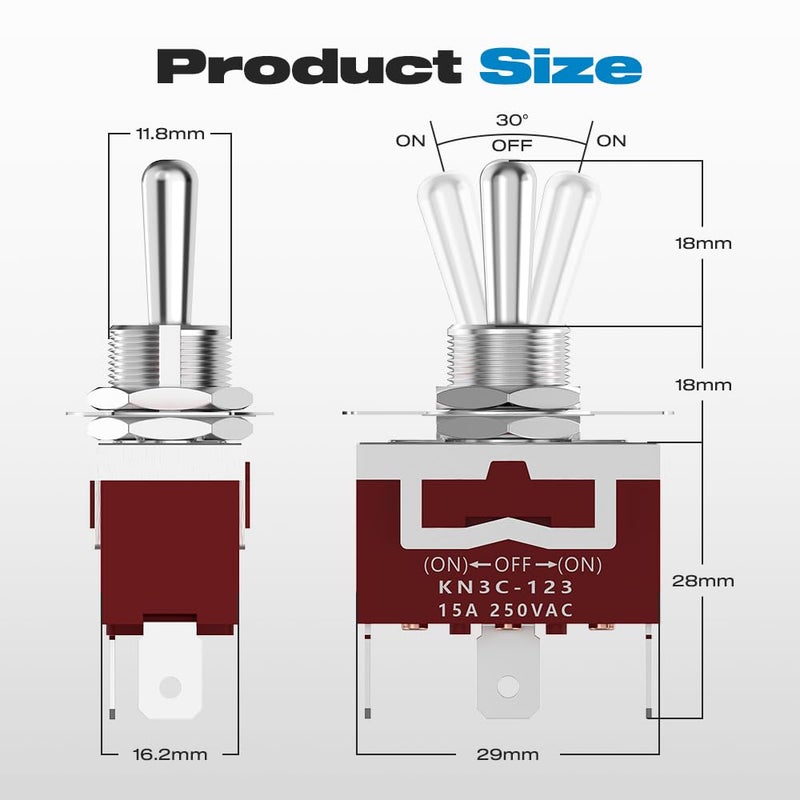 Malictele Momentary Toggle Switch, SPDT 3Pin (ON)-Off-(ON) Marine Toggle Switch 12VDC 30A/250VAC 15A Heavy Duty 3 Way with Waterproof Cap for Auto Car Boat- 4 Pack - Image 3